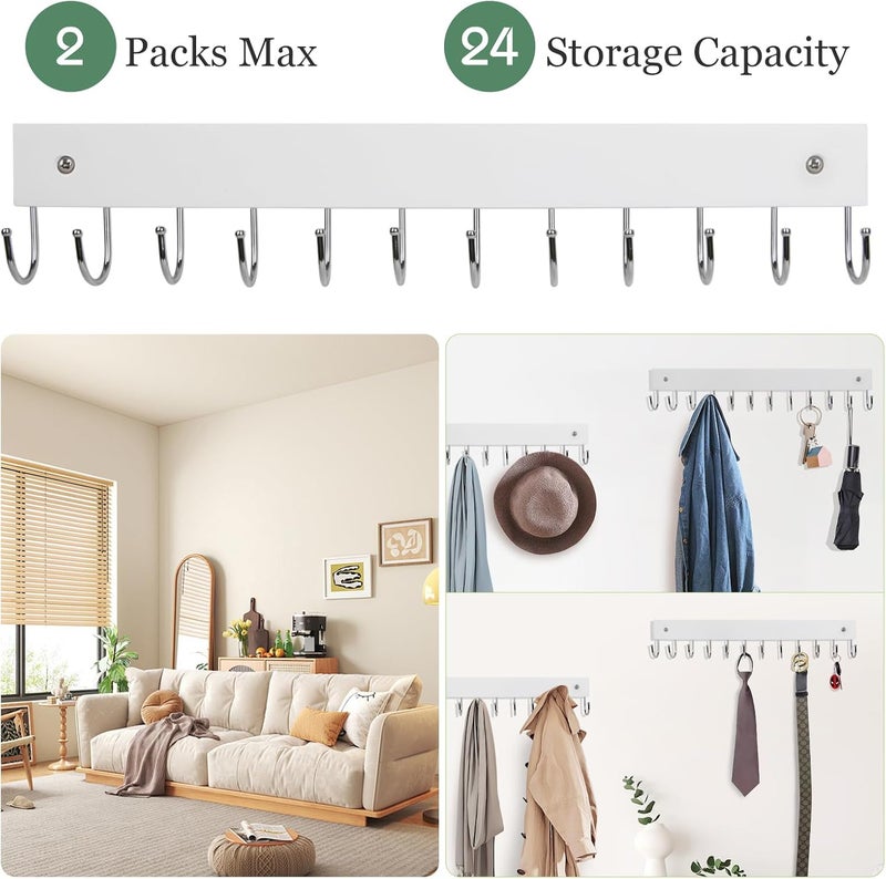 AnDock 2 Pack Purse Organizer Wall Mount with 24 Rotating 180° Coat Rack, 14.6" Wooden Entryway Purse Holder, Wall Hooks for Hanging Belts, Ties, Keys, Scarf, Bras, Bag, Space Saving Hanger (White) - Image 3